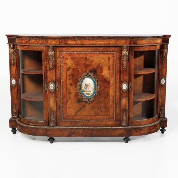 An English root sideboard with porcelain plaques, late 19th century