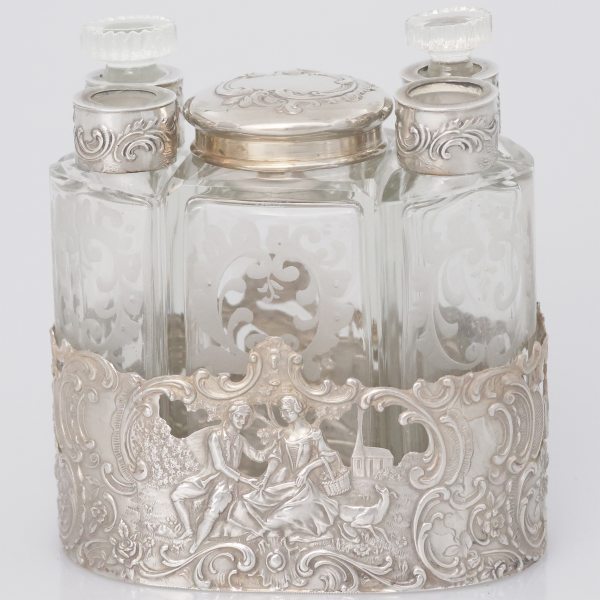 A German set of glass and silver bottles and flasks, Schleissner & S&ouml;hne?, Hanau, 19th-20th century