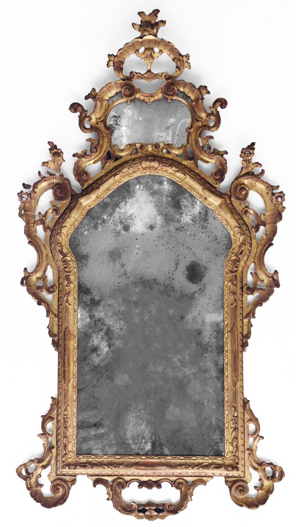 An Italian carved, sculpted, and gilded wood frame mirror. Venice, mid-18th century
