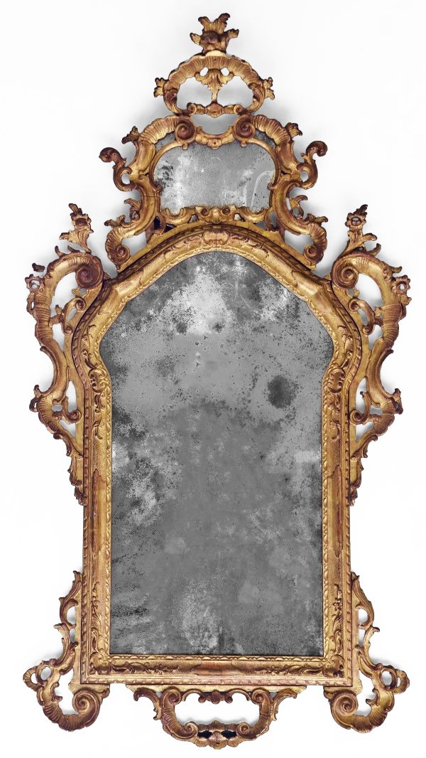 An Italian carved, sculpted, and gilded wood frame mirror. Venice, mid-18th century