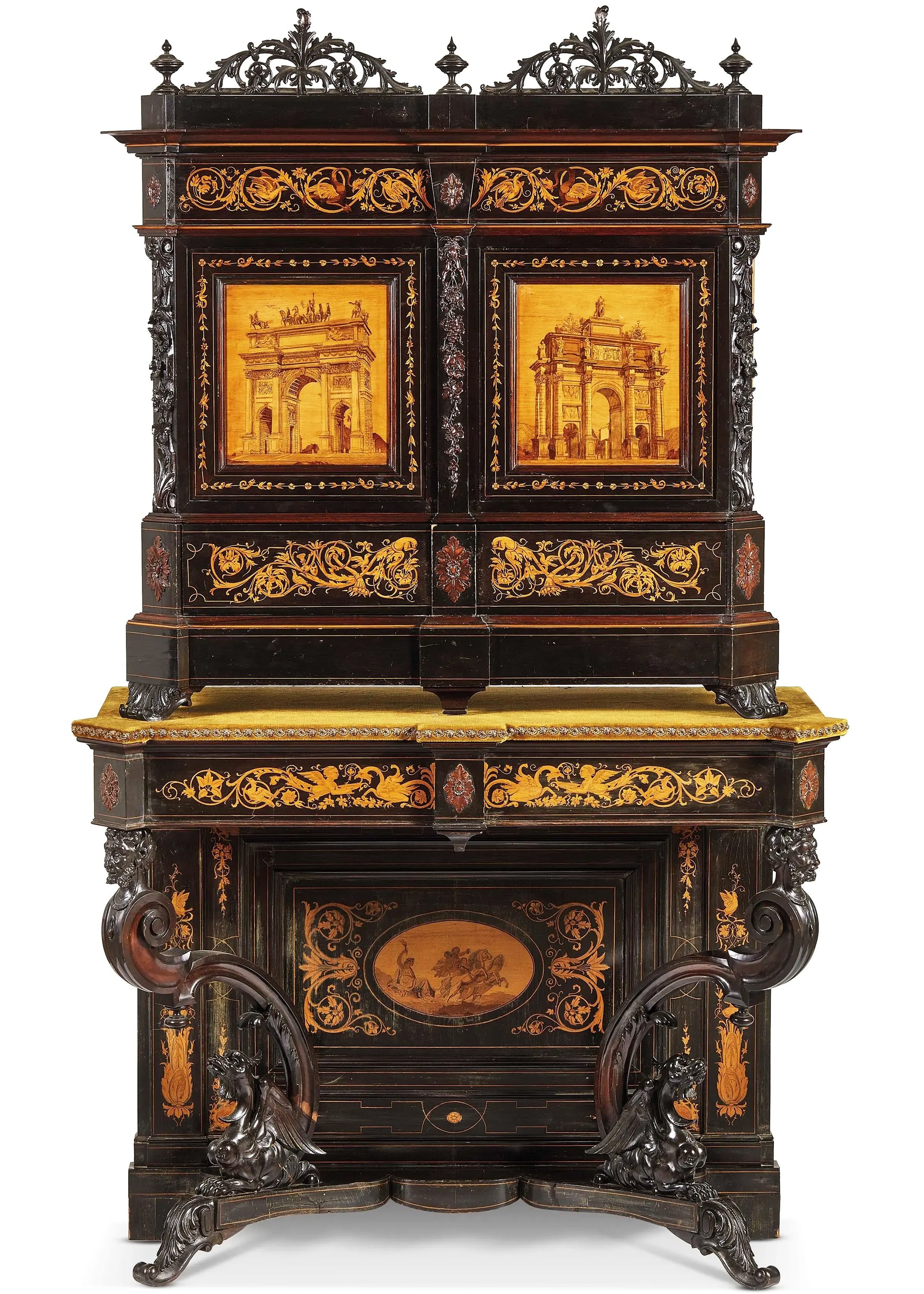 An Italian double-body cabinet of Ferdinand of Habsburg-Lorraine, inlaid with various woods and grotesque decorations, Tuscany, 19th century - 1800