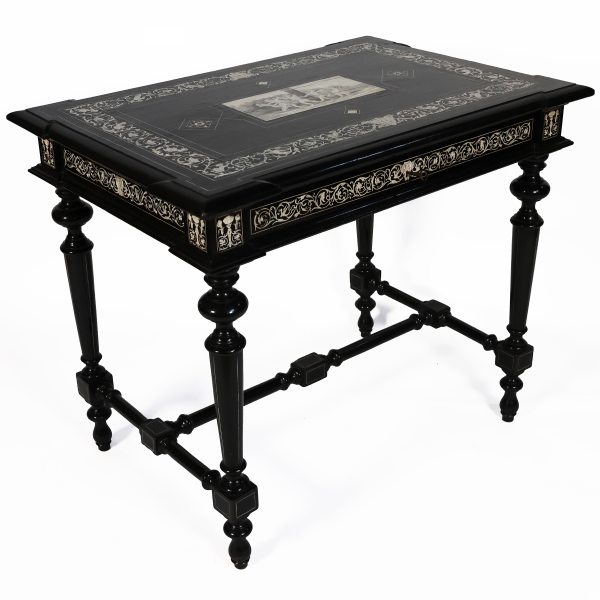 An Italian ebonized wood desk with bone inlays, Ferdinando Pogliani, Milan, 19th century