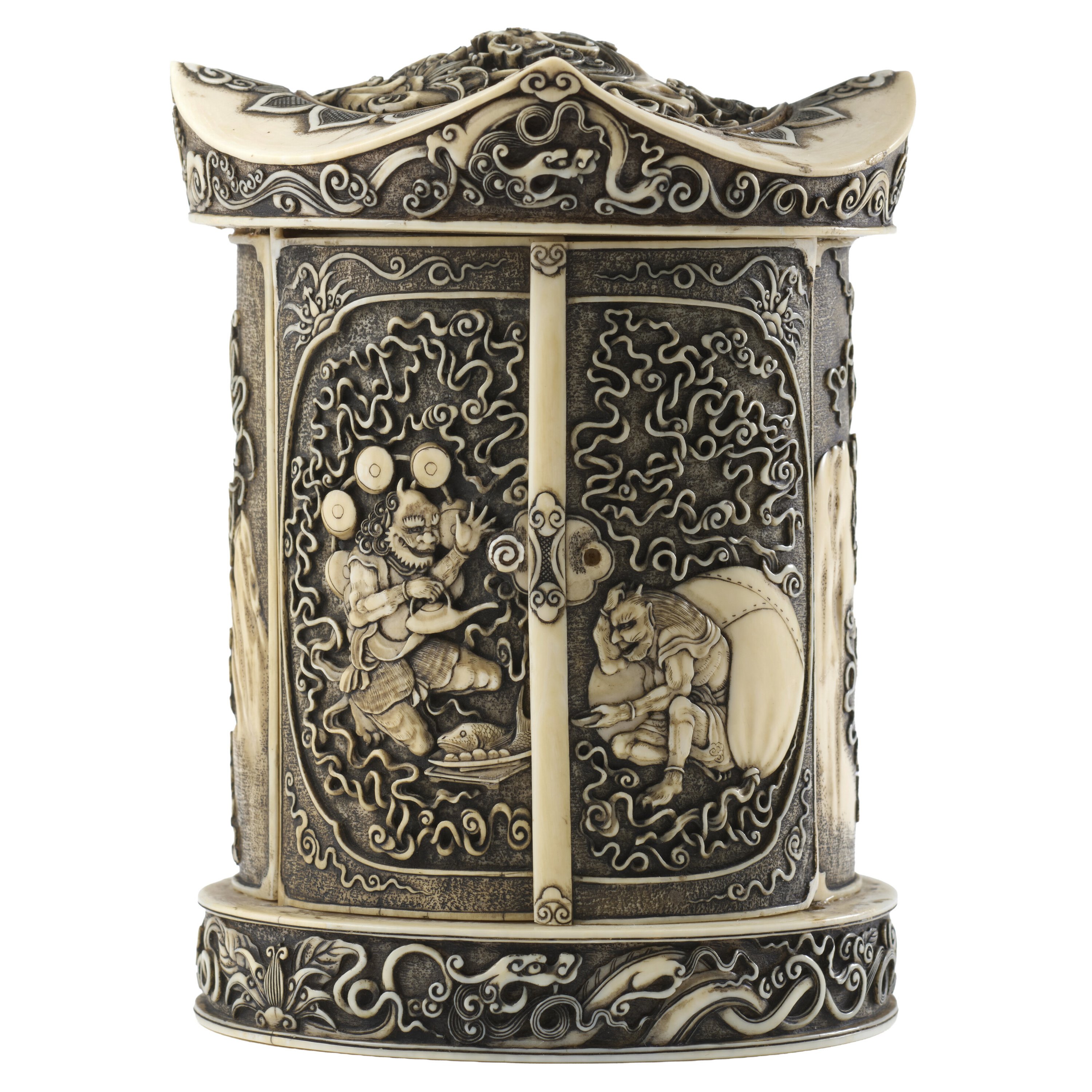 A carved and decorated ivory shrine. Inside, a Buddhist deity with a dragon. Japan, Meiji period, 1868&ndash;1912, 19th century - 1800