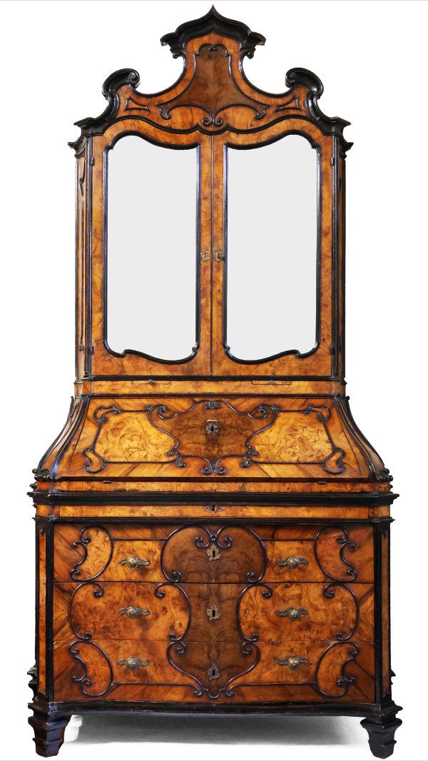 An Italian veneered olive wood and burl bureau cabinet, ebonized frames, Lombardy, 18th century