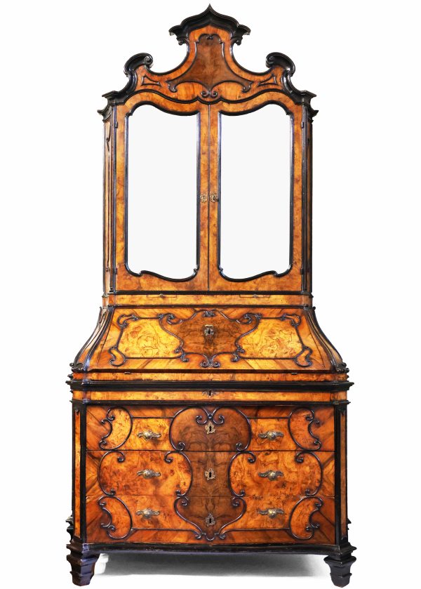 An Italian veneered olive wood and burl bureau cabinet, ebonized frames, Lombardy, 18th century