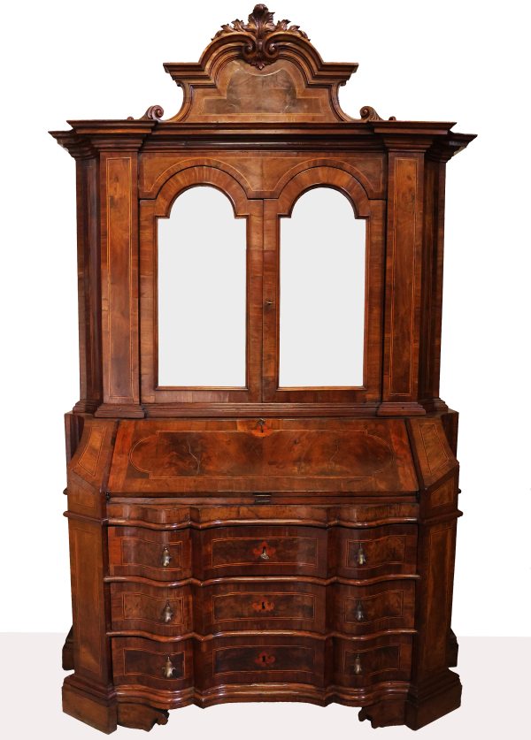 An imponent Northern Italy veneered in walnut wood and burl bureau cabinet , 18th century