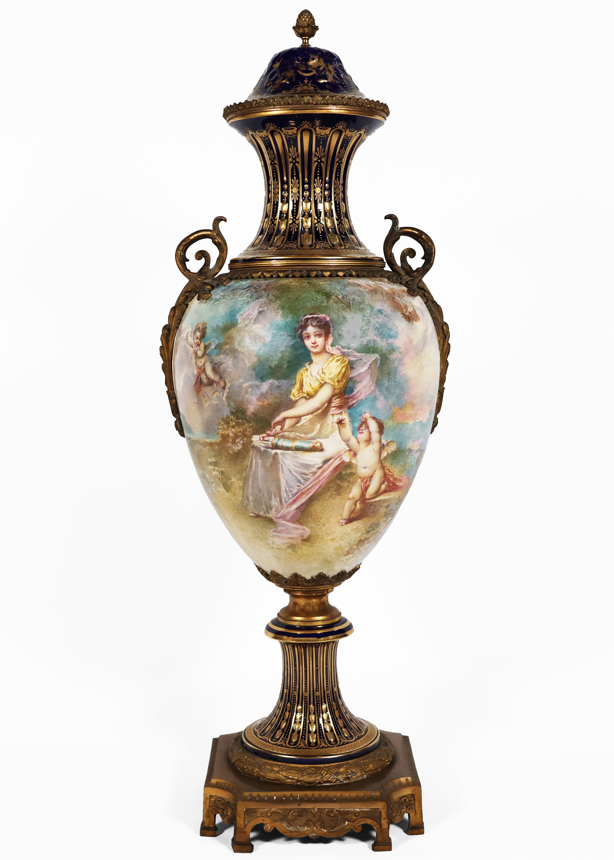 A French large vase in the S&egrave;vres style, gilt-bronze mounted. Painted signed F. Bellanger. Late 19th century - 1800
