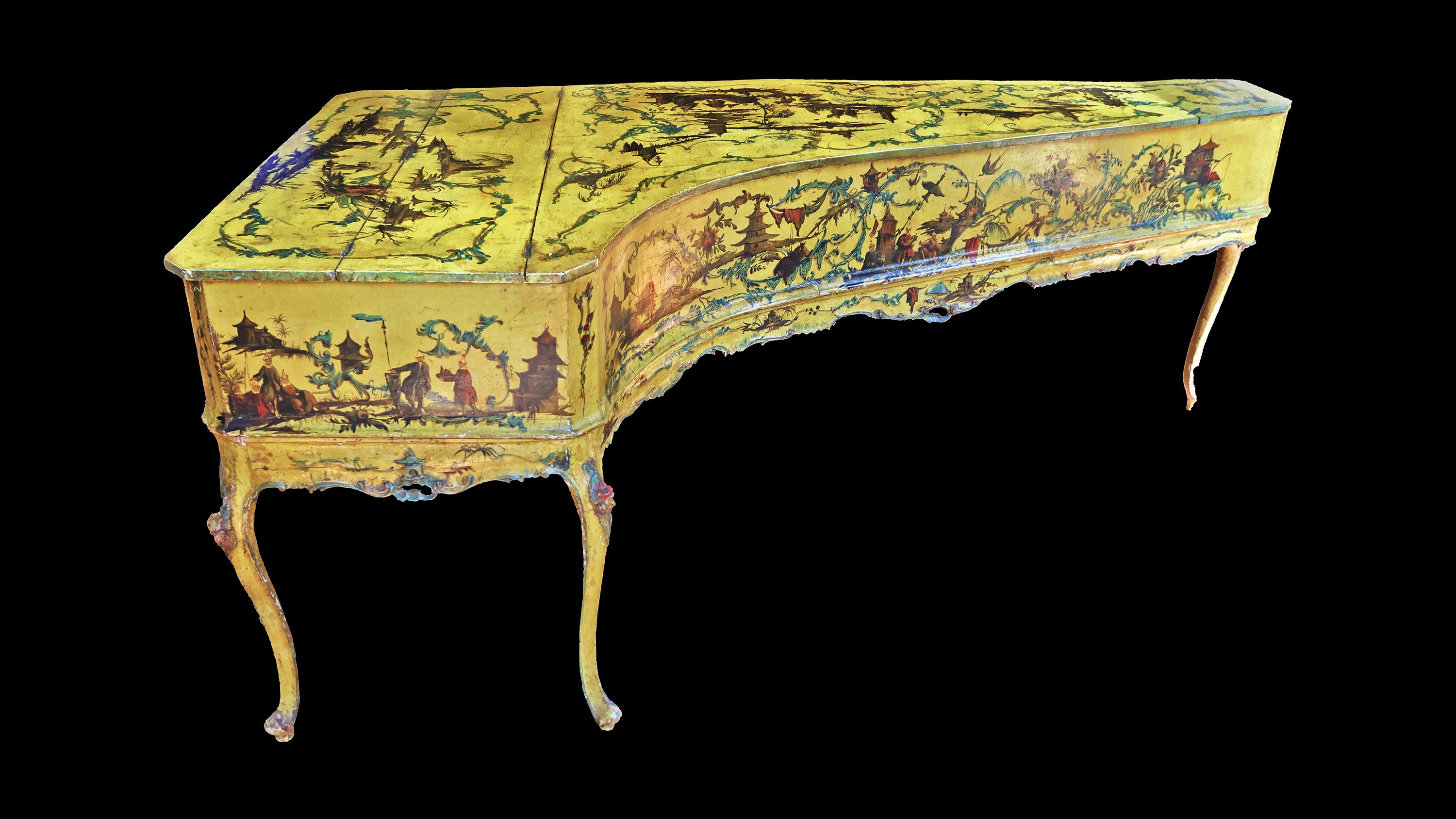 A North Italian wing-shaped spinet in lacquered wood with soundboard, decorated with floral motifs and chinoiserie scenes. Venice, mid-18th century