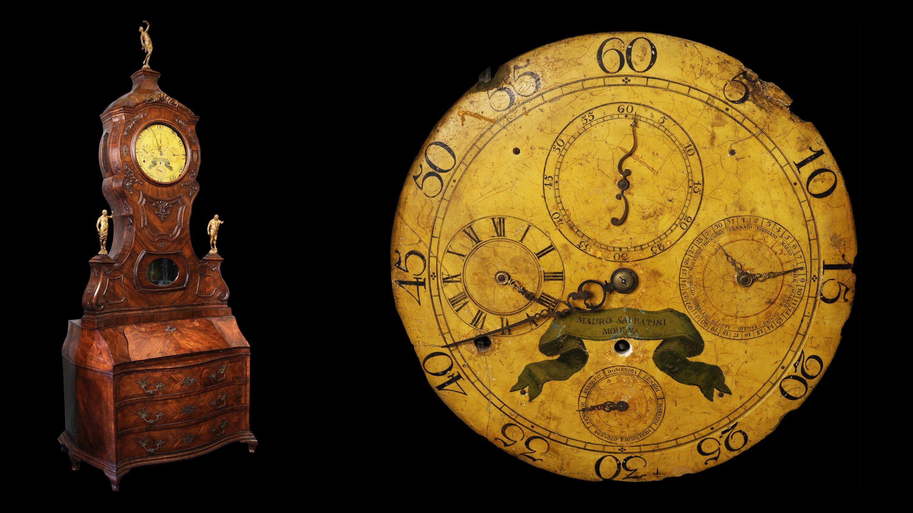 An Italian veneered bureau cabinet in walnut wood and burl, guitar-shaped top with clock signed by Mauro Sabbatini, Modena, 1766, Modena, 18th century
